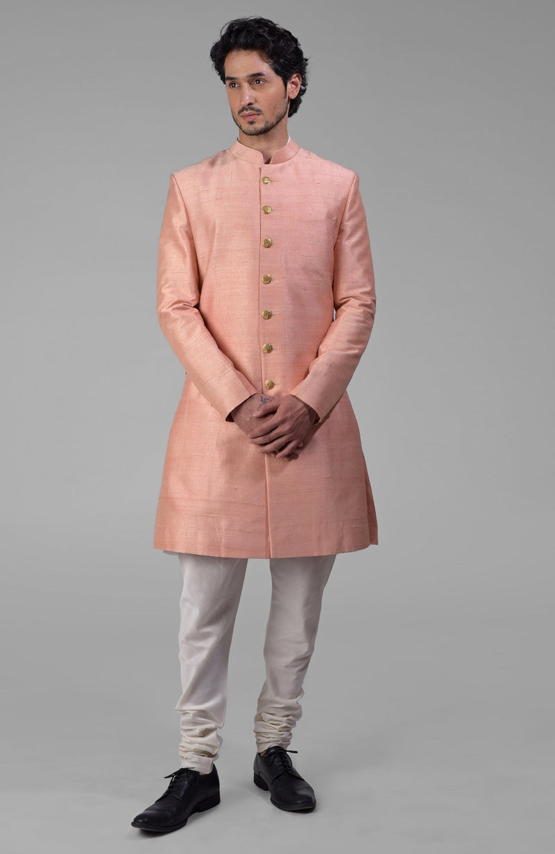 Peach Pure Silk Sherwani Set With Gold Buttons