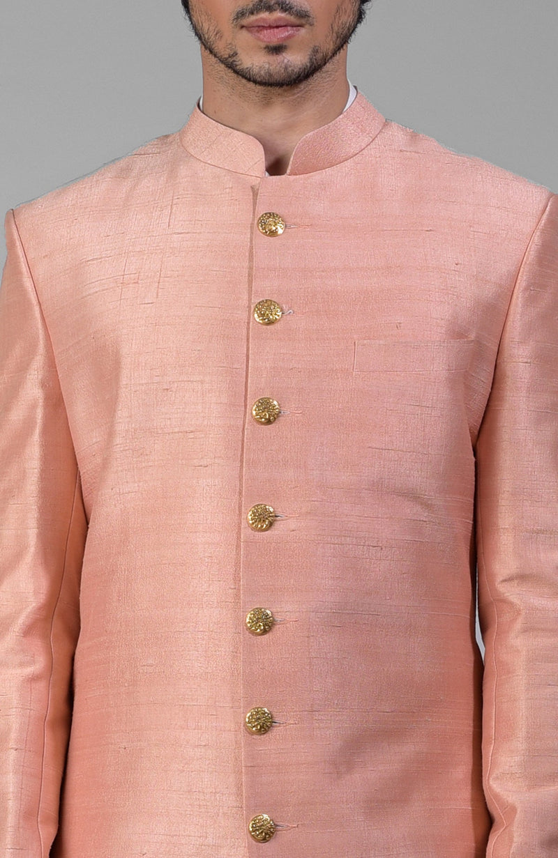 Peach Pure Silk Sherwani Set With Gold Buttons