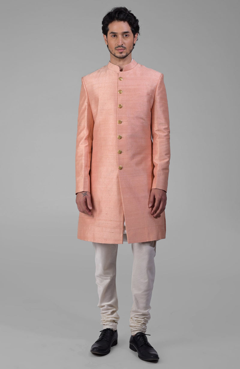 Peach Pure Silk Sherwani Set With Gold Buttons