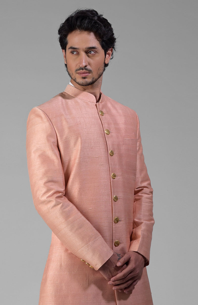Peach Pure Silk Sherwani Set With Gold Buttons