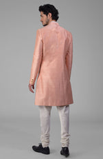 Peach Pure Silk Sherwani Set With Gold Buttons
