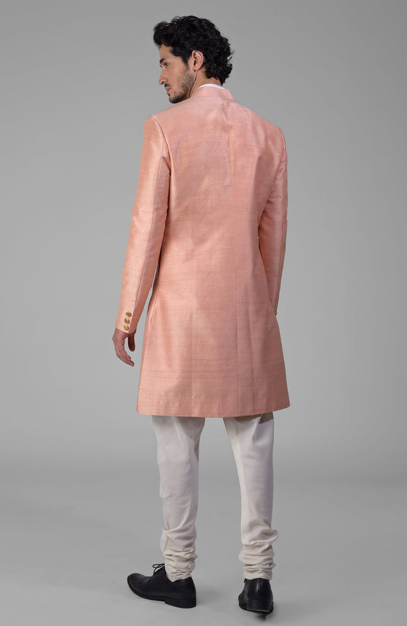 Peach Pure Silk Sherwani Set With Gold Buttons