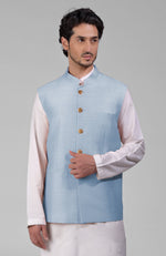Dusty Blue Pure Raw Silk Waistcoat Bandi Jacket