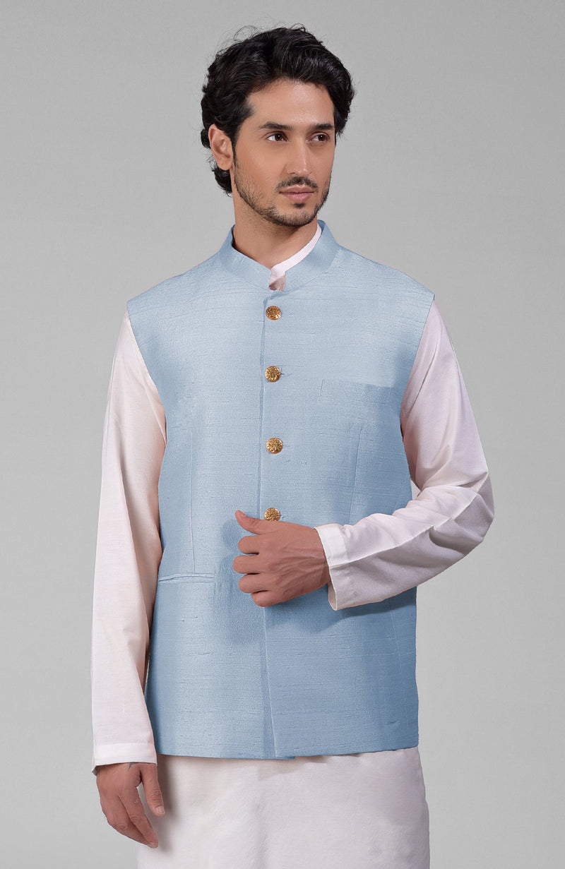 Dusty Blue Pure Raw Silk Waistcoat Bandi Jacket