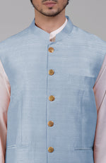 Dusty Blue Pure Raw Silk Waistcoat Bandi Jacket