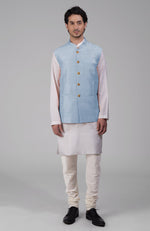 Dusty Blue Pure Raw Silk Waistcoat Bandi Jacket