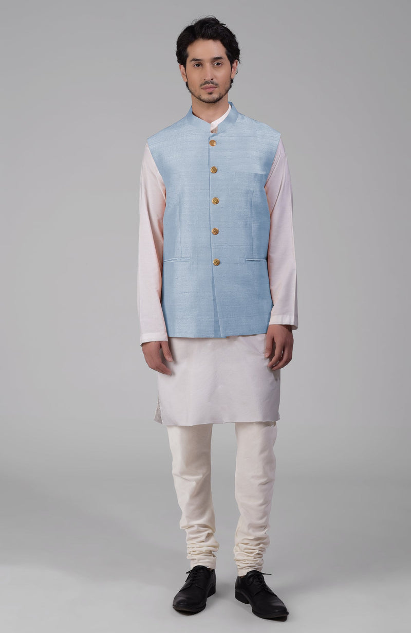 Dusty Blue Pure Raw Silk Waistcoat Bandi Jacket