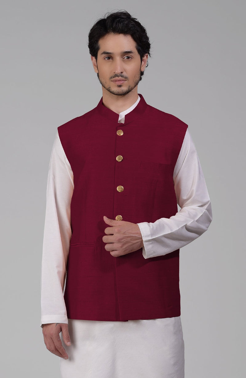 Red Pure Raw Silk Waistcoat Bandi Jacket