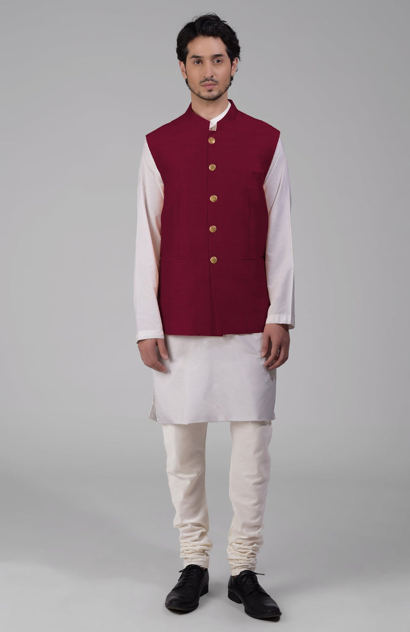 Red Pure Raw Silk Waistcoat Bandi Jacket