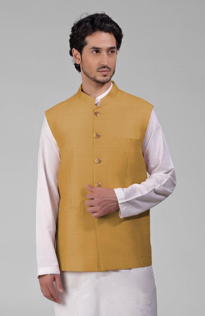 Gold Pure Raw Silk Waistcoat Bandi Jacket
