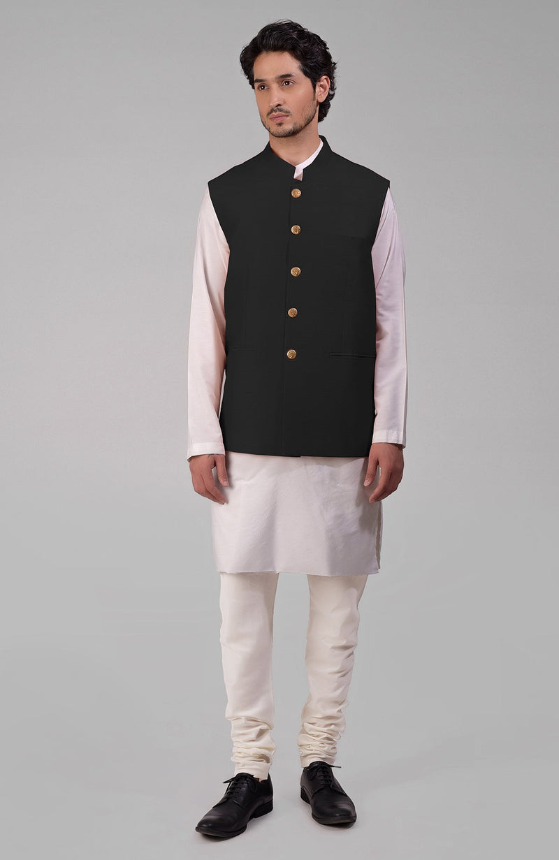 Timeless Black Pure Raw Silk Waistcoat Bandi Jacket