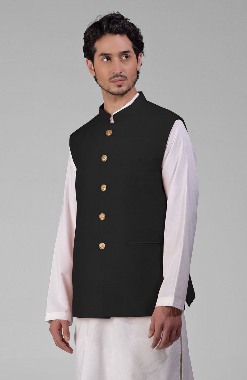 Timeless Black Pure Raw Silk Waistcoat Bandi Jacket