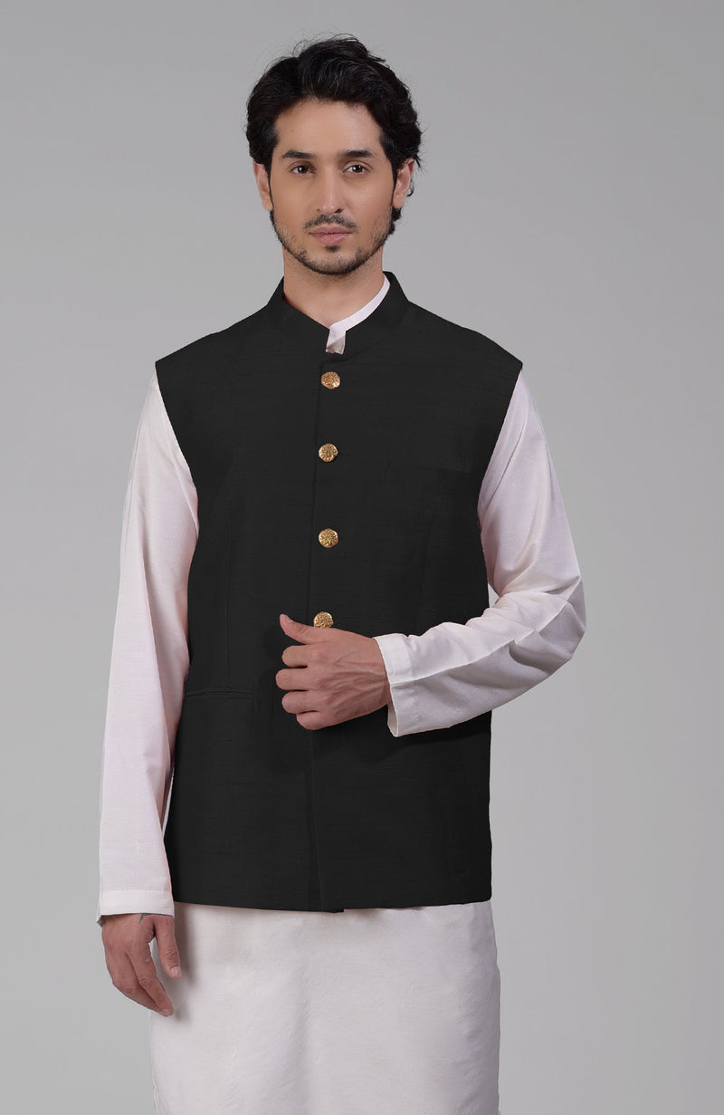 Timeless Black Pure Raw Silk Waistcoat Bandi Jacket