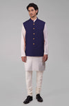 Ink Blue Pure Raw Silk Waistcoat Bandi Jacket