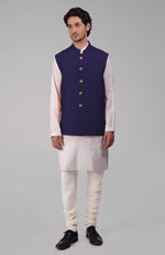 Ink Blue Pure Raw Silk Waistcoat Bandi Jacket