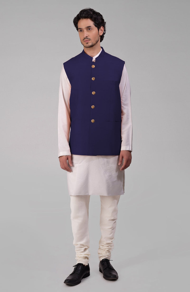 Ink Blue Pure Raw Silk Waistcoat Bandi Jacket