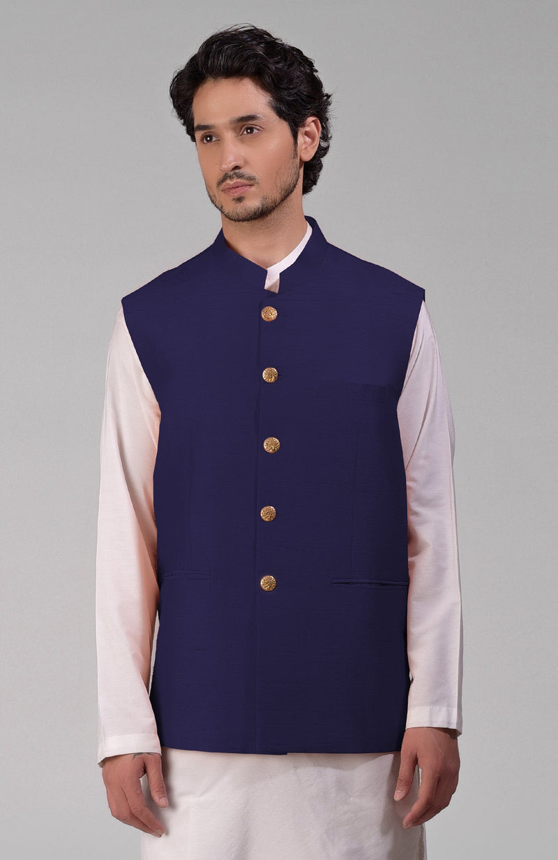 Ink Blue Pure Raw Silk Waistcoat Bandi Jacket