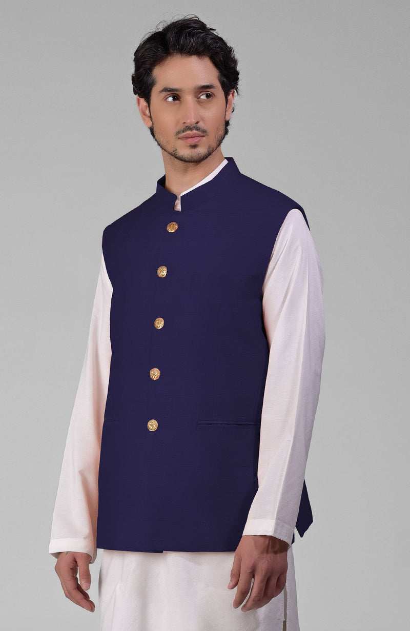 Ink Blue Pure Raw Silk Waistcoat Bandi Jacket