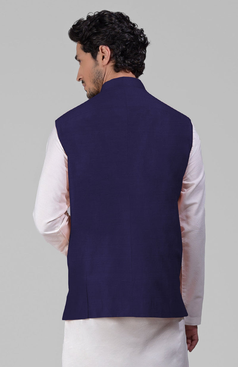 Ink Blue Pure Raw Silk Waistcoat Bandi Jacket