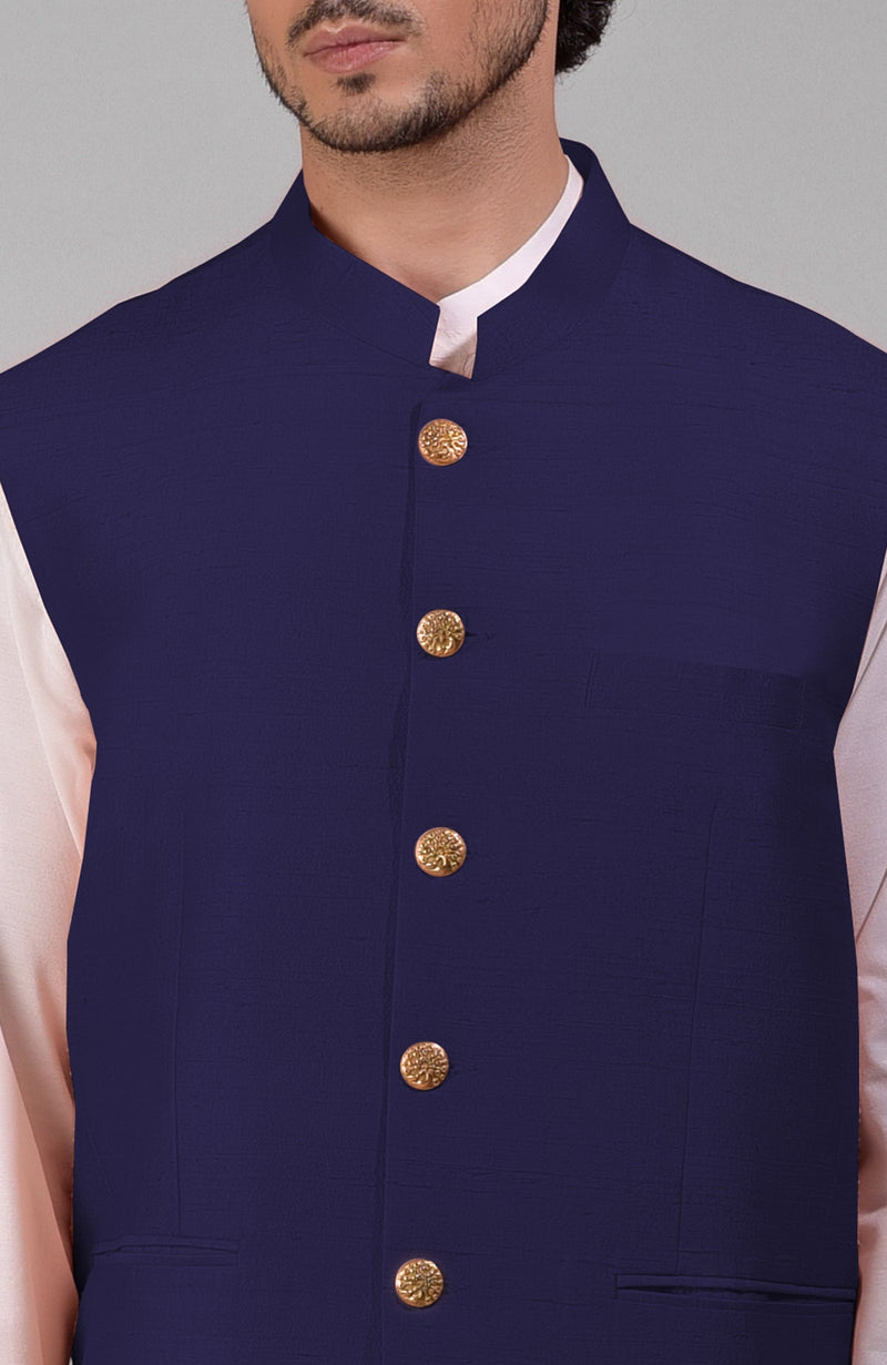 Ink Blue Pure Raw Silk Waistcoat Bandi Jacket