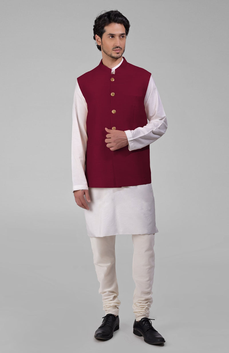 Maroon Pure Raw Silk Waistcoat Bandi Jacket