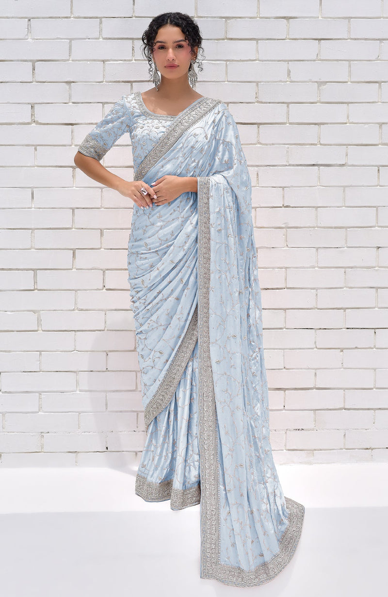 Powder Blue Zardozi Hand Embroidered Pure Silk Saree