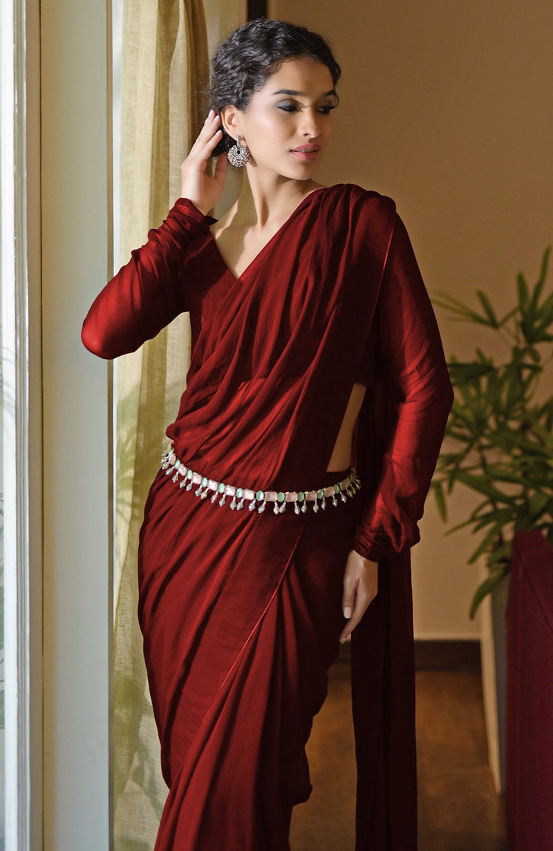Classic Blood Red Chiffon Saree