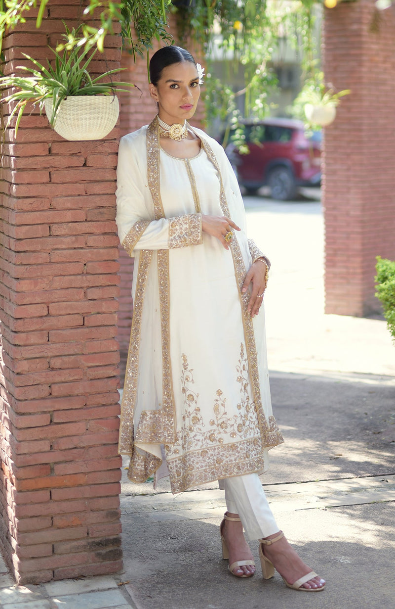 Ivory-Gold Marori Beads & Sequin Hand Embroidered Kurta Set