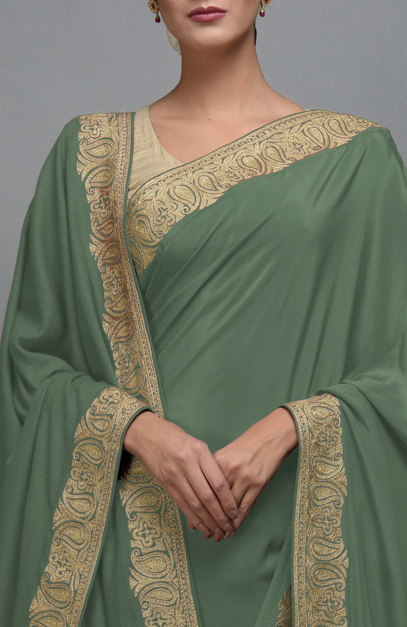 Dark Jade Kashmiri Tilla Aari Embroidered Saree & Pashmina Shawl Set