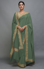 Dark Jade Kashmiri Tilla Aari Embroidered Saree & Pashmina Shawl Set