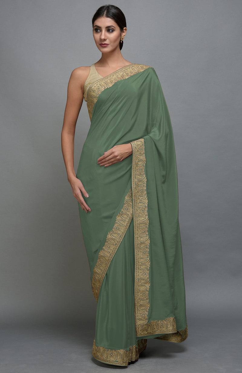 Dark Jade Kashmiri Tilla Aari Embroidered Saree & Pashmina Shawl Set