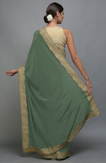 Dark Jade Kashmiri Tilla Aari Embroidered Saree & Pashmina Shawl Set