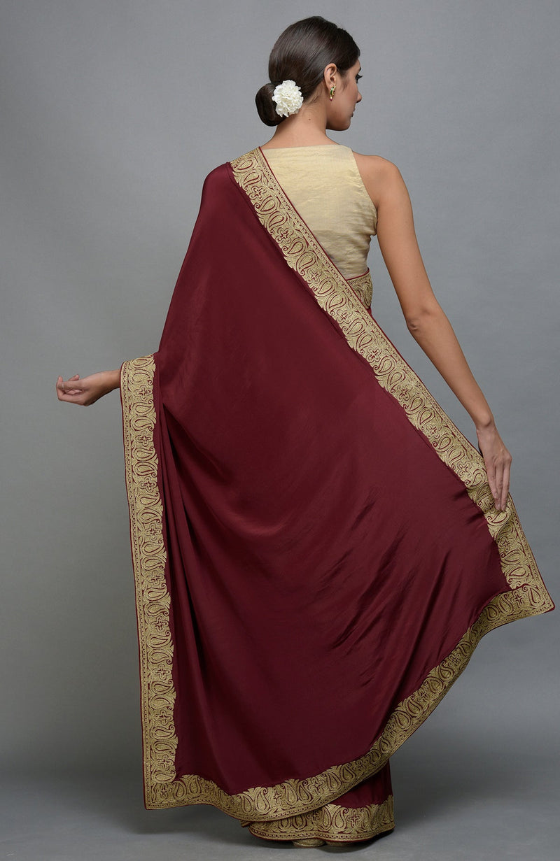 Maroon Kashmiri Tilla Aari Embroidered Saree & Pashmina Shawl Set