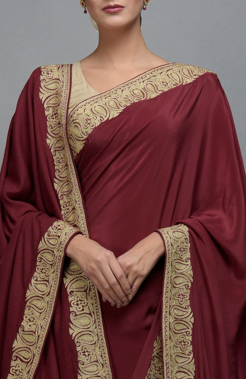 Maroon Kashmiri Tilla Aari Embroidered Saree & Pashmina Shawl Set