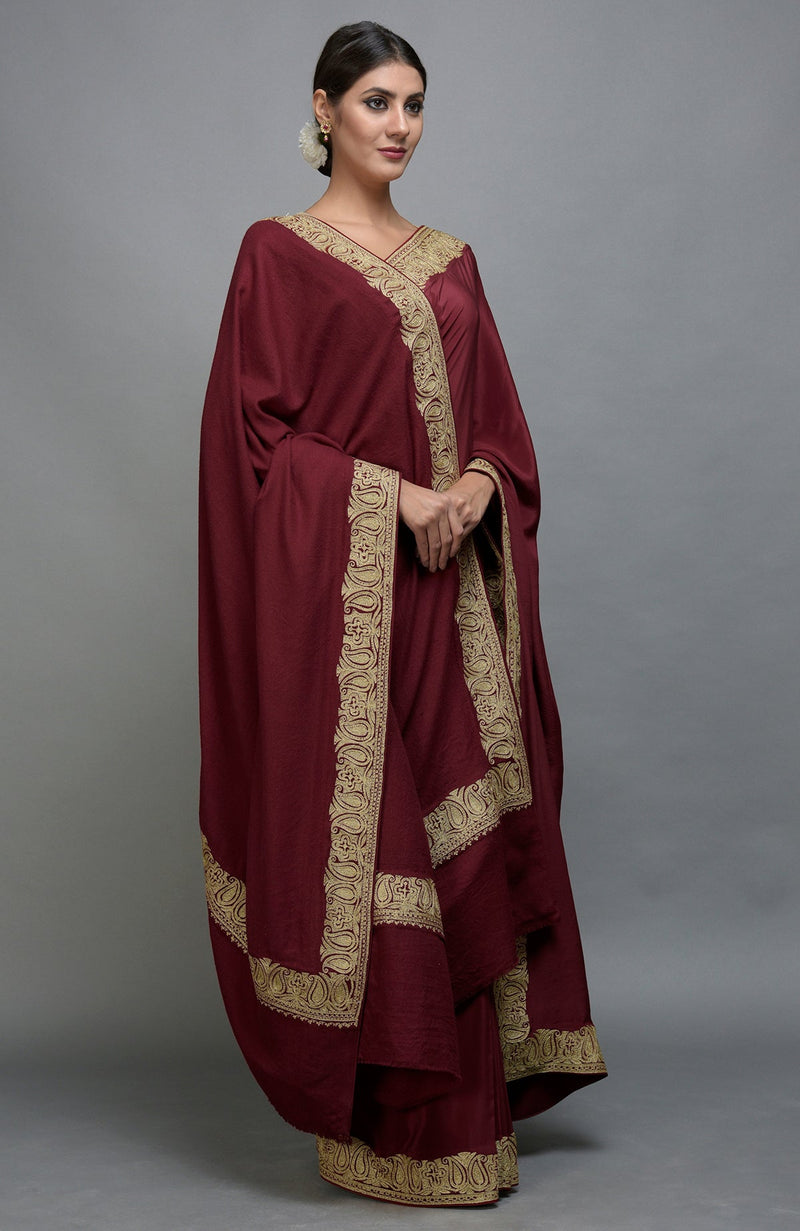 Maroon Kashmiri Tilla Aari Embroidered Saree & Pashmina Shawl Set