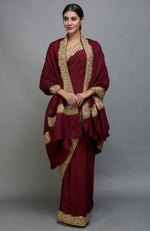 Maroon Kashmiri Tilla Aari Embroidered Saree & Pashmina Shawl Set