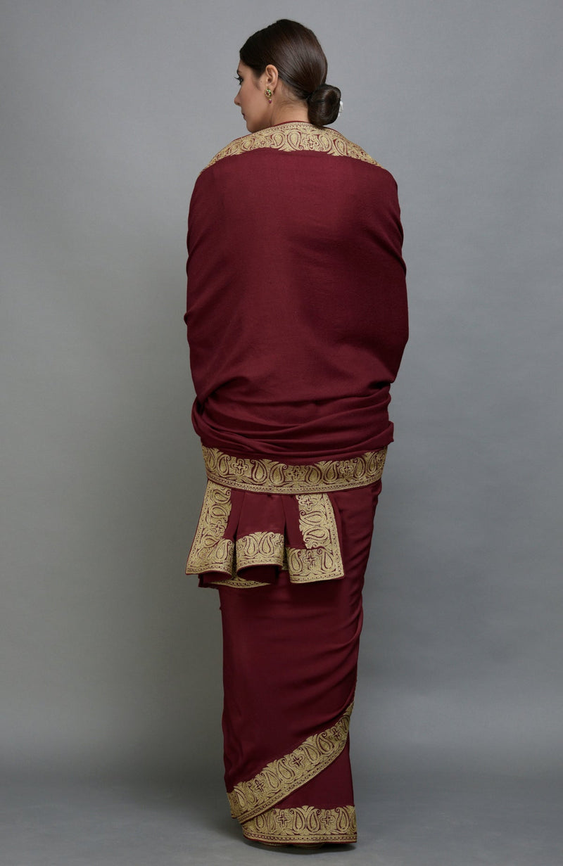 Maroon Kashmiri Tilla Aari Embroidered Saree & Pashmina Shawl Set
