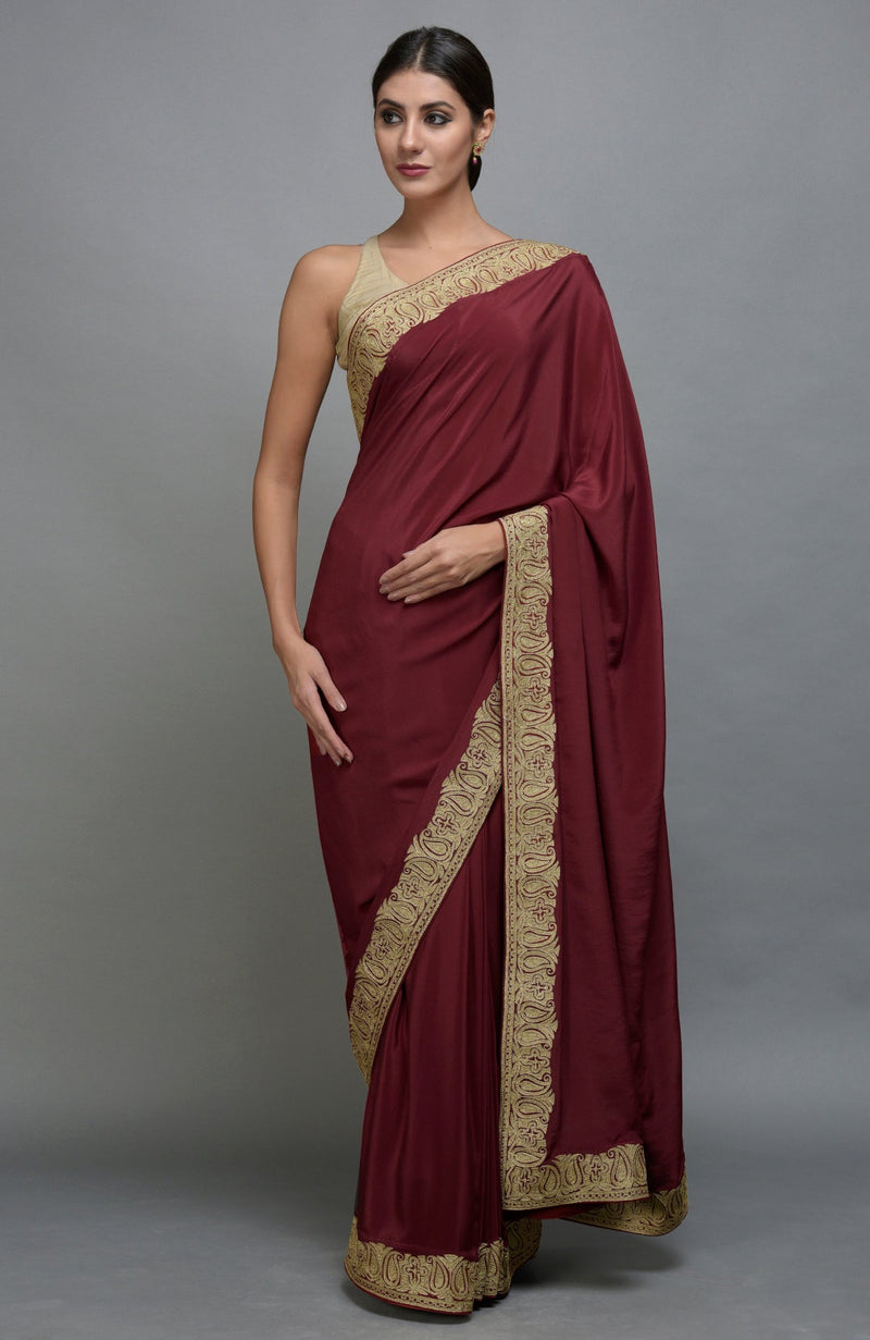 Maroon Kashmiri Tilla Aari Embroidered Saree & Pashmina Shawl Set
