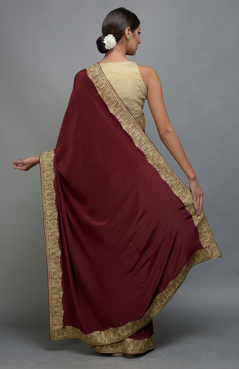 Maroon Kashmiri Tilla Aari Embroidered Saree & Pashmina Shawl Set