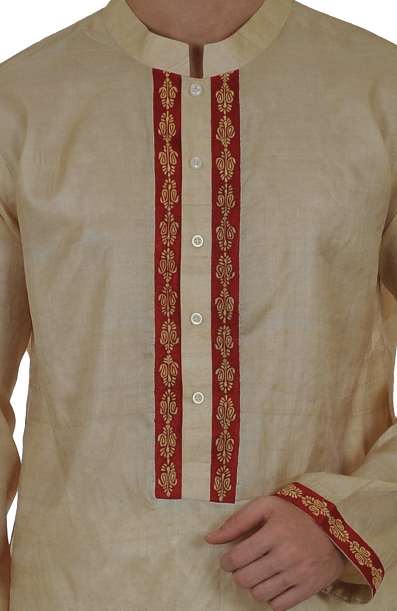 Beige Paisley Embroidered Pure Kosa Silk Kurta