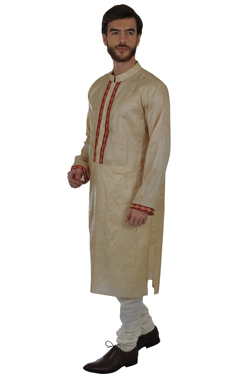Beige Paisley Embroidered Pure Kosa Silk Kurta