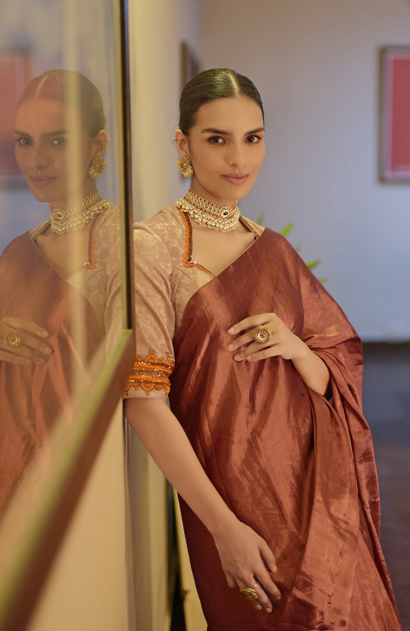 Pre-Stitched Copper Pure Tissue Saree & Zardozi Embroidered Blouse