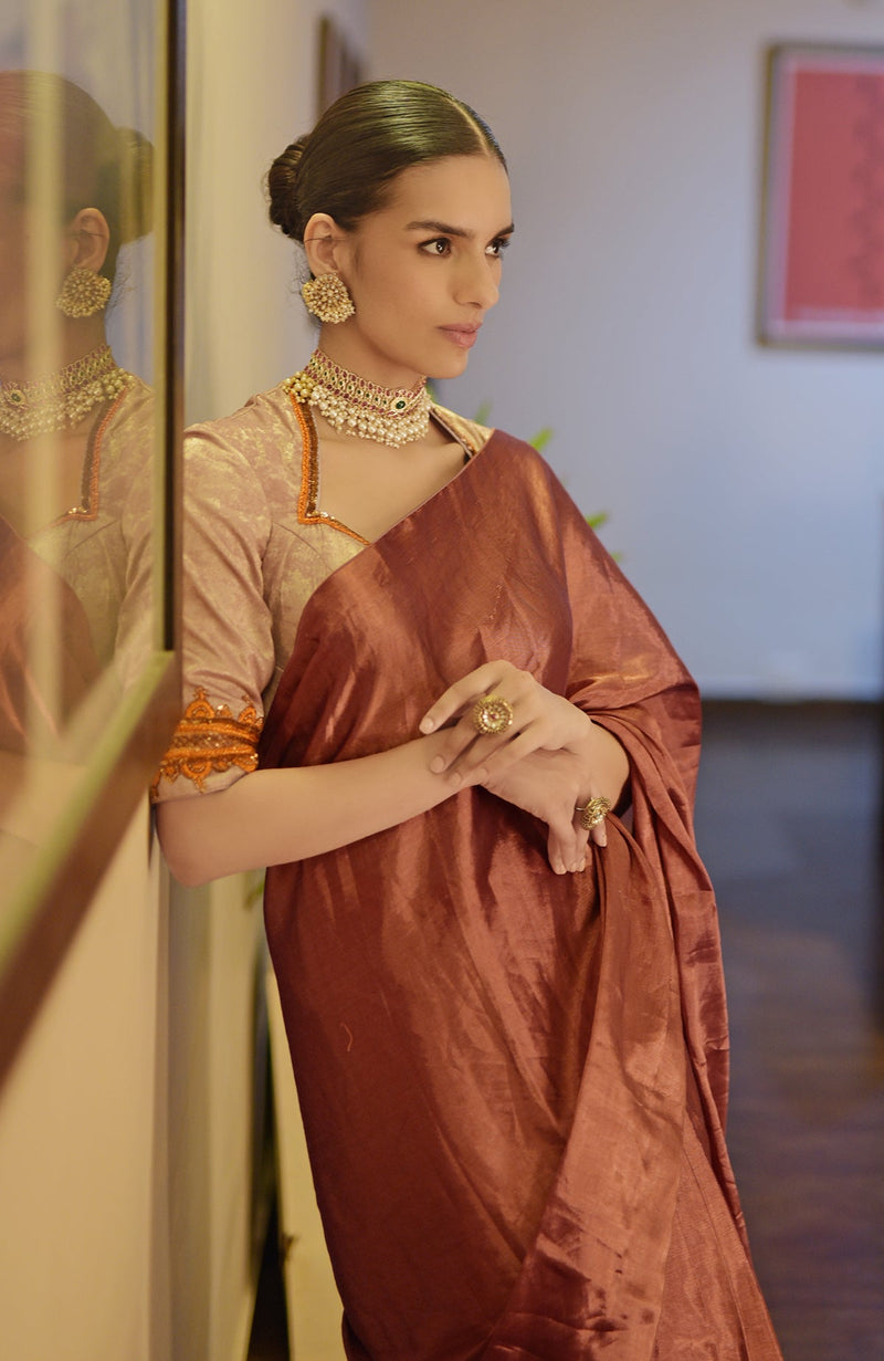 Pre-Stitched Copper Pure Tissue Saree & Zardozi Embroidered Blouse
