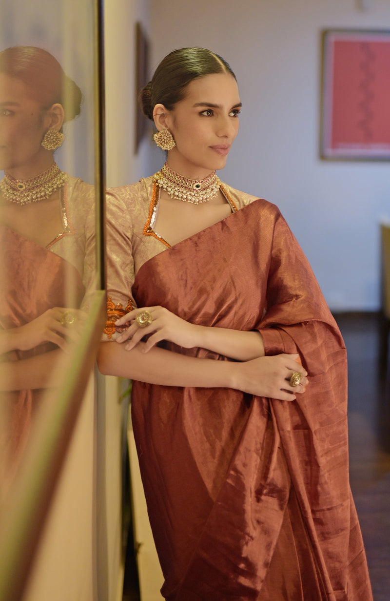 Pre Stitched Copper Pure Tissue Saree & Zardozi Embroidered Blouse