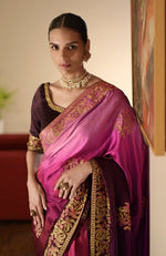 Wine-Pink Ombre  Kashidakari Embroidered Saree Set