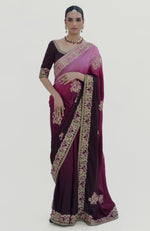 Wine-Pink Ombre  Kashidakari Embroidered Saree Set