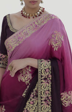 Wine-Pink Ombre  Kashidakari Embroidered Saree Set