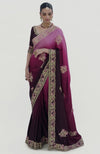 Wine-Pink Ombre  Kashidakari Embroidered Saree Set