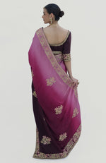 Wine-Pink Ombre  Kashidakari Embroidered Saree Set