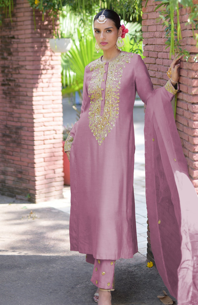 Mauve Marori Beads & Sequin Hand Embroidered Kurta Set